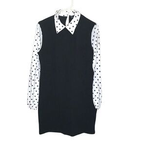Black Shift Dress with White Polka Dot Sleeves & Collar – Mod Vintage-Inspired S